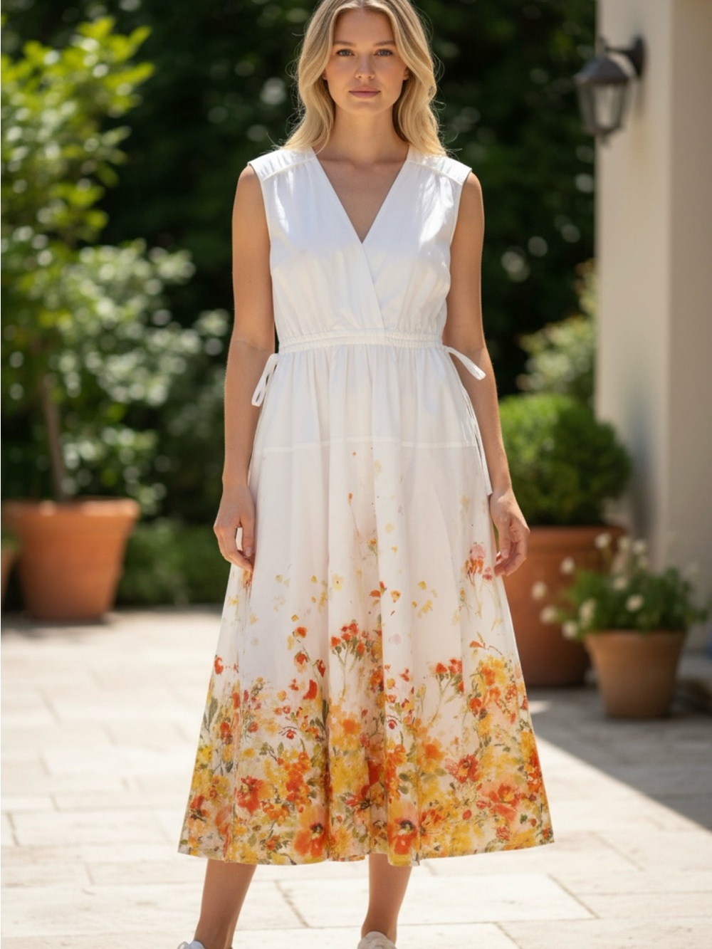 Derek lamSleeveless White Midi Dress with Orange Floral Hem and Tie Waist